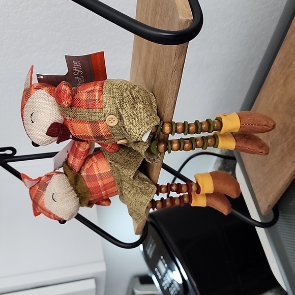 Autumn Fall Halloween Fox Shelf Sitter pair couple Spool/Button - Picture 3 of 4